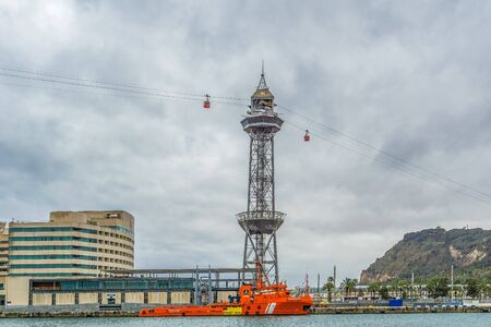 Barcelona - View to Cable Car Tower at Barcelona Harbour, Catalonia, Spain, Barcelona, 07.04.2016のeditorial素材