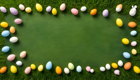 Colorful Easter eggs on green grass with copy space for your textの素材