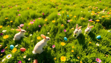 Easter bunny and eggs in the meadow with colorful flowers.の素材