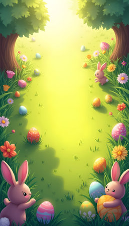 Easter background with rabbit and eggs in the grass. Vector illustration.の素材