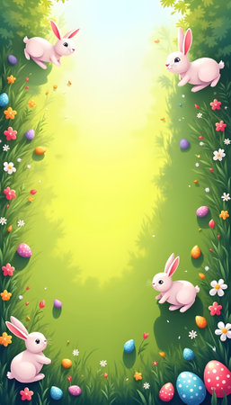 Easter background with bunnies and eggs. Vector illustration.の素材