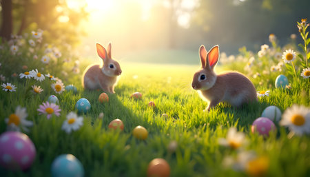 Rabbits and easter eggs on green grass with flowers.の素材