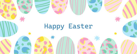 Easter banner featuring eater eggs and flowers frame. Leopard, stripes, doodles. Hand made vector image.のイラスト素材