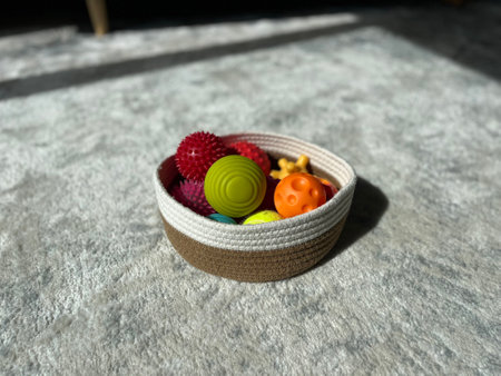 A collection of colourful sensory balls for children scattered on a soft carpet in a sunlit room.の写真素材