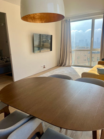 A lifestyle photo of open space dining room with a wooden table, chandelier and chairs. And living room with a yellow couch, chair and a wall-sized bookshelf. European apartment.の写真素材