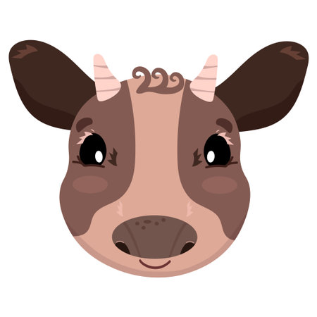 A cute smiling calf head. Hand drawn vector image. Vector illustration of a cowのイラスト素材