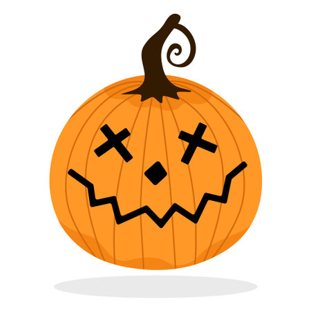 Vector illustration of a cute Halloween pumpkin with cross eyes. Funny and spooky jack o lantern design for fall holidays, decorations, and festive greeting cards.のイラスト素材