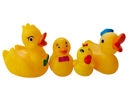 Yellow rubber ducks on White Background. Parennt and children.の写真素材