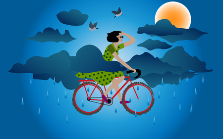 A Girl on Cycle in rainy weatherのイラスト素材