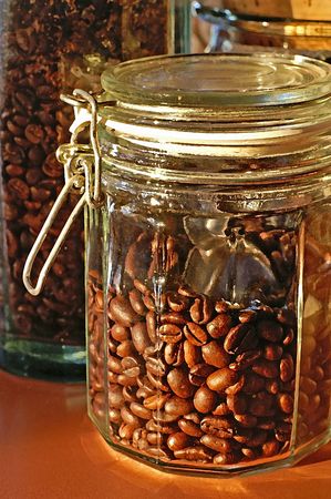 Coffee beans in glass jarsの写真素材