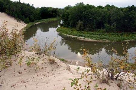 Riverbend and sand dunes on the Nottawasaga River, Ontarioの写真素材