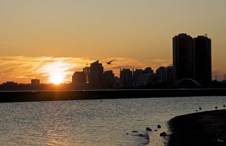 Sunset over Toronto Waterfront, Ontarioの写真素材