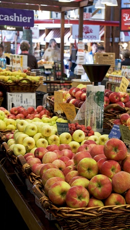 Apples for sale at the Granville Island market in Vancouver, Canadaの写真素材