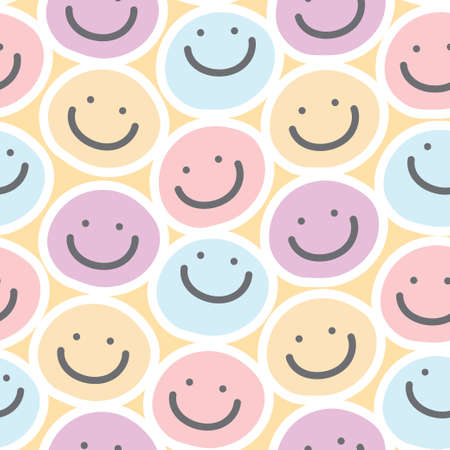 Pastel.Seamless pattern of cute smile face colorful cartoon on yellow background.Image for baby cloth,paper gift,wallpaper,card,sticker,screen,texture.Art.Repeat.Kawaii.Vector.Illustration.の写真素材