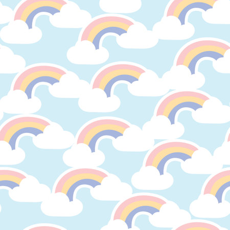 Pastel.Seamless pattern of cute rainbow cartoon on blue background.Hand drawn.Kid graphic design.Image for baby cloth,paper gift,wallpaper,card.Art.Repeat.Kawaii.Vector.Illustration.のイラスト素材