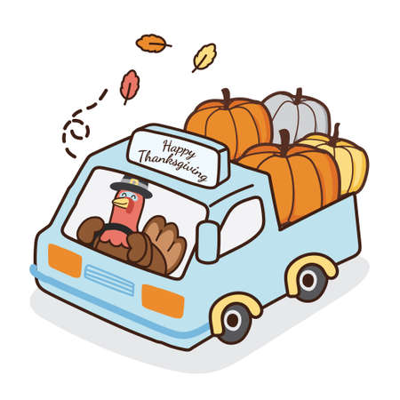 Happy thanksgiving day.Cute turkey wear hat on blue  truck car with pumpkin.Cute cartoon animal character design on white background.Harvest festival.Fall.Autumn.Vector.Illustration.のイラスト素材