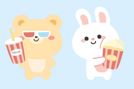 Cute bear and rabbit cartoon in movie concept.Bear wear 3D glasses.Rabbit hold popcorn.Animals character design.Isolated.Kawaii.Pastel.Doodle.Hand drawn.Vector.Illustration.のイラスト素材