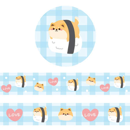Cute shiba inu dog cartoon hand drawn.Animal character design.Washi tape.Image for notes,planner,scrapbooking,background.Kid graphic.Decoration.Japanese.Tag.Kawaii.Vector.Illustration.のイラスト素材