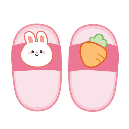 Cute rabbit head and carrot on pink slipper cartoon.Animal character design.art.Background.Isolated.Kawaii.Vector.Illustration.のイラスト素材