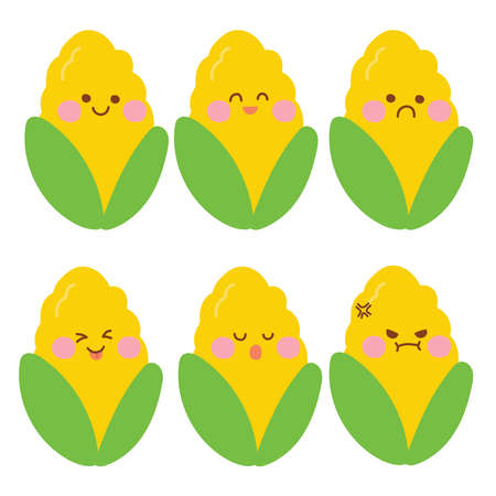 Cute corn cartoon in various mood face.Vegetable character design.Kid graphic desgin.Isolated.Kawaii.Vector.Illustration.のイラスト素材