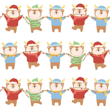 Seamless pattern of cute deers hold christmas light on white background.Animals character design.Isolated.New year.Kawaii.Doodle.Winter.Image for apparel,fabric,textile,decoration,wrapping paper gift.Kid graphic.Vector.Illustration.の写真素材