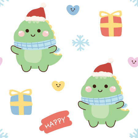 christmas.Winter.Seamless pattern of cute dinosaur wear santa hat with gift,heart,happy text cartoon on white background.Animal character design.Repeat.Kawaii.Vector.Illustration.Image for card,wrapping paper gift,baby cloth.のイラスト素材