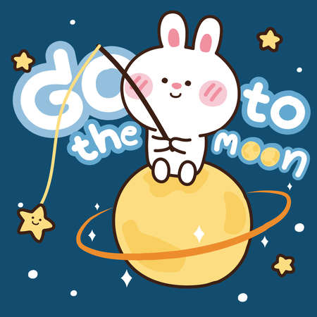 Cute rabbit sit on the planet.Cartoon character design.Animal hand drawn.Star.Moon.Kid graphic.Vector.Illustration.のイラスト素材