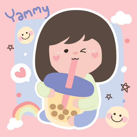 Cute girl drink bubble milk tea.Pastel.Cartoon character design.Kid graphic.Hand drawn.Doodle.Sticker.Vector.Illustrationのイラスト素材