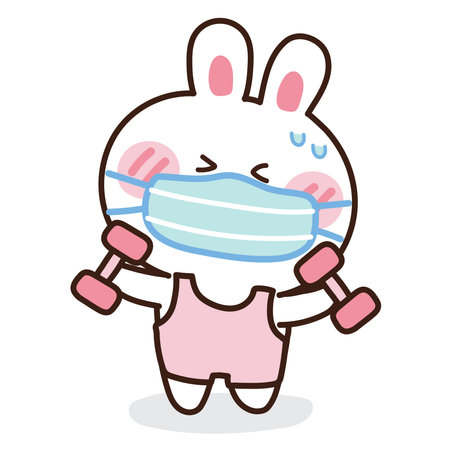 Cute rabbit wearing face mask to do exercise in cartoon.Virus protection.Covid-19 concept.Animal character design.Kid graphic.Tried face bunny.Kawaii.Vector.Illustration.のイラスト素材