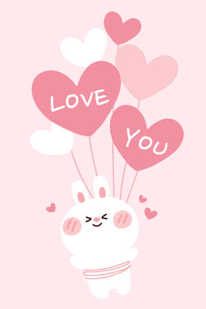 Valentine day.Cute rabbit with balloon in cartoon.Animal character design.Love text.Pink background.Kawaii.Vector.Illustration.のイラスト素材