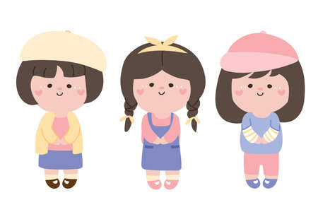 Set of cute kid in cartoon.Pastel color.Little girl.Character design.Hand drawn.Doodle.Kawaii.Vector.Illustration.のイラスト素材