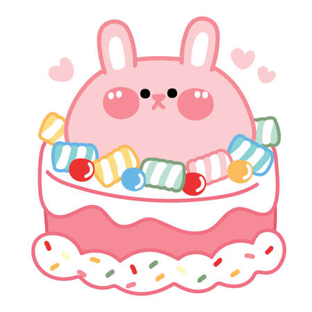 Cute rabbit cake with marshmallow and candy topping cartoon.Image for card,sticker,baby...