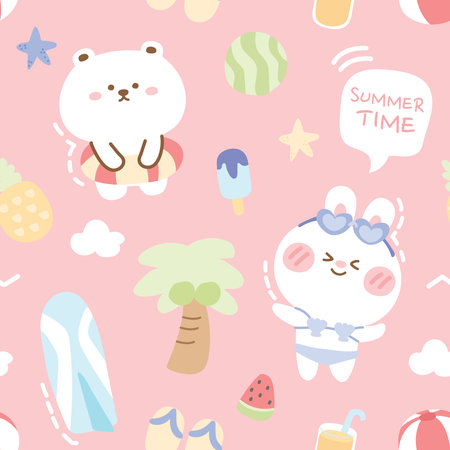 Seamless pattern of cute bear and rabbit on pink background.Summer concept.Animal character design.Kawaii.Vector.Illustratiion.のイラスト素材