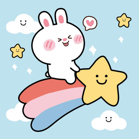 Cute rabbit sit on rainbow star.Animals characer design.Sky background.Kid graphic.Kawaii.Vector.Illustration.のイラスト素材