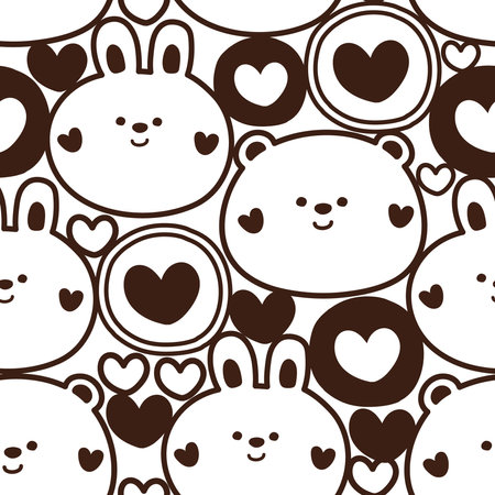 Seamless pattern of cute rabbit and bear doodle.Love concept.Animals character design.Heart.Hand drawn.Background.Wallpaper.Vector.Illustration.のイラスト素材