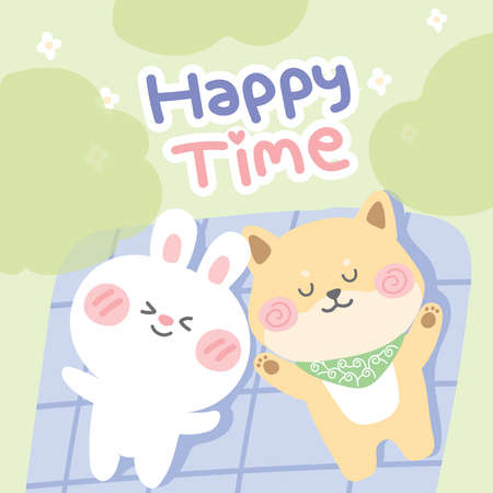 Pastel concept.Cute rabbit and shiba inu dog sleep on cloth at garden.Animals character design.Kid graphic.Happy time text.Hand drawn.Doodle.Kawaii.Vector.Illustration.のイラスト素材