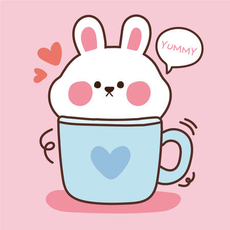 Cute of rabbit face on cup in cartoon.Pink background.Animal character design.Kid graphic.Sticker.Art.Image.Isolated.Kawaii.Vector.Illustration.のイラスト素材