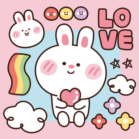Cute rabbit hold heart on pink background.Animal character desing.Love text.DIY.Sticker.Hand drawn.Kid cartoon graphic.Kawaii.Image for kid product.Lovely.Vector.Illustration.のイラスト素材