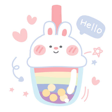 Vector illustration of rainbow bubble milk tea in rabbit cup.Pearl.Animal face.Cute cartoon hand drawn.Image for card,kid wear,sticker,poster.Pastel.のイラスト素材