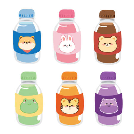 Set of various juice in bottle on white background.Fruit flavors.Soda water.Animal face cartoon on label.Cute pets hand drawn.Graphic design.Isolated.Kawaii.Vector.Illustration.Illustrator.のイラスト素材