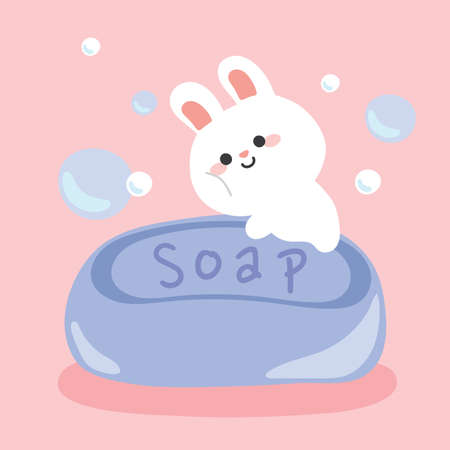 Cute rabbit with soap on pink background.Animal character design.Shower.Kid graphic.Art.Isolated.Image.Vector.Illustration.Illustrator.のイラスト素材