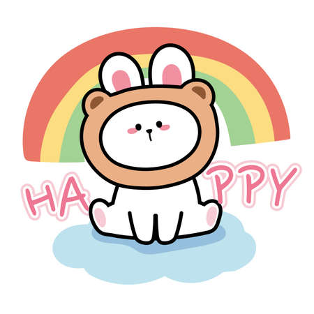 Cute rabbit wear bear head costume on rainbow background.Animal character design.Logo.Sticker.Kawaii.Vector.Illustration.のイラスト素材