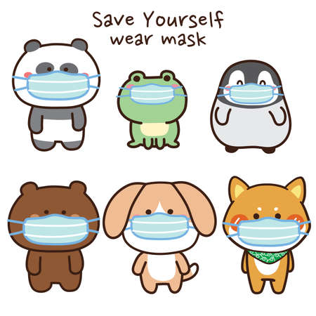 Set of animals wearing face mask protect from virus,dust.Cute cartoon hand drawn.Kawaii.Vector.Illustration.のイラスト素材