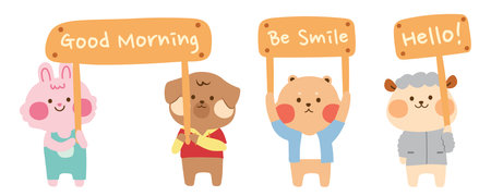 Set of isolated animal cartoon with wooden text banner on white background.Cute cartoon character design.Rabbit,dog,bear,sheep doodle.Hand drawn.Kawaii.Vector.illustration.のイラスト素材