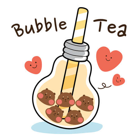 Bubble tea with heart hand drawn.Cute cartoon bear.Kawaii.Vector.Illustration.のイラスト素材