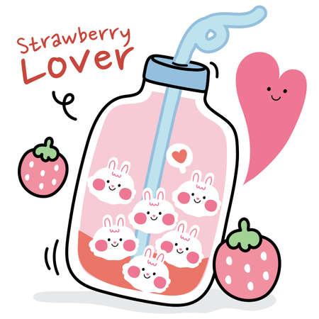 Strawberry milk with bubble in rabbit face shape.Cute animal cartoon design.Hand drawn.Beverage.Kawaii.Vector.Illustration.のイラスト素材