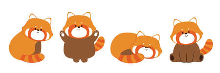 Set of cute red panda in various poses on white background.Animals character design.Kid graphic cartoon collection.Japanese.Kawaii.Isolated.Vector.Illustration.のイラスト素材