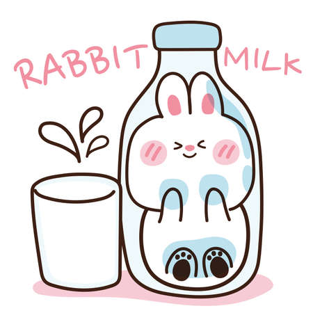 Rabbit in milk bottle with glass hand drawn.Cartoon character design.Animal doodle.Kawaii.Vector.Illustration.のイラスト素材