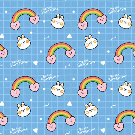 Seamless pattern of rabbit with rainbow on blue background.Cute animal hand drawn.Cartoon character design.Kawaii.Imahe for wallpaper,card,baby product.Vector.Illustration.のイラスト素材