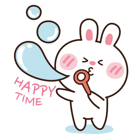 Cute rabbit with balloon hand drawn.Animal cartoon kawaii style.Image for sticker,card,baby product.Happy time text.Vector.Illustration.のイラスト素材